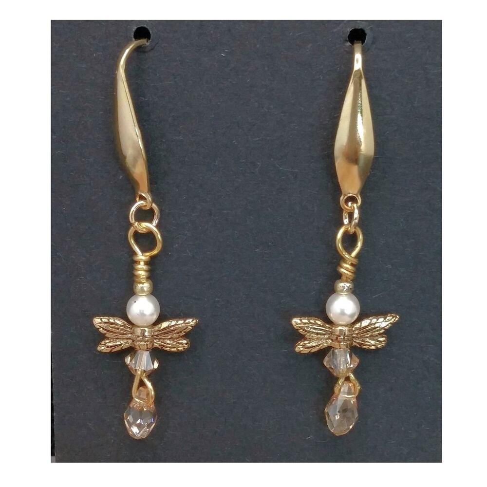 Artisan Dragonfly Pearl Earrings Whimsical Wings Swarovski Pearl Gold Plated NEW